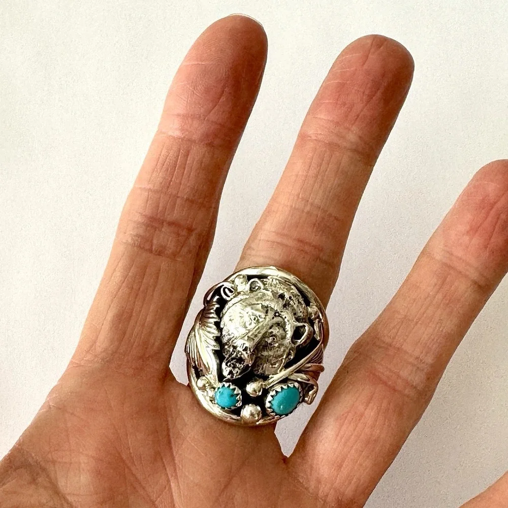 Bear Head Navajo Mens Ring Kingman Turquoise Sz 11 Sterling Signed‎ Sanders